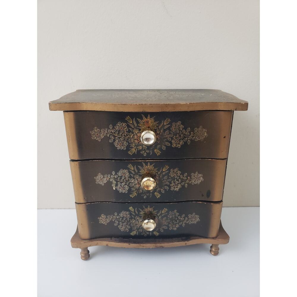 Vintage Nico Wooden 3 Drawer Musical Jewelry Box Cottagecore Made in Japan